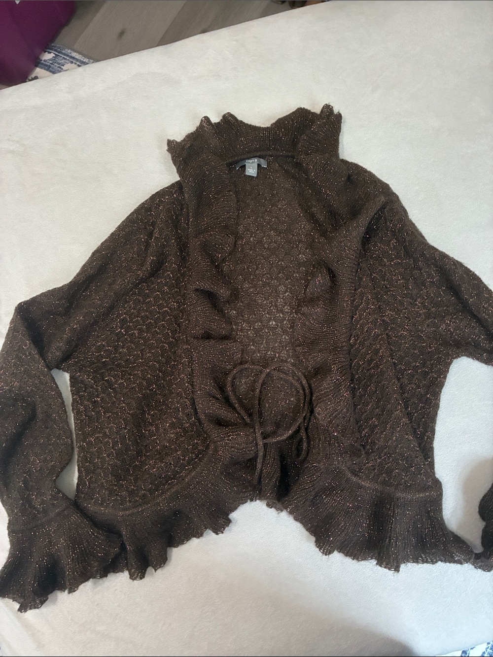 Apt. 9 Brown Ruffle-Trim Open-Front Cardigan with Tie